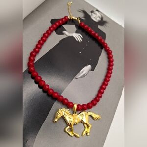 Gold Horse Pendant Red Beaded Necklace